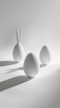 Naklejki Aesthetic white Easter eggs with bunny ears on a white background. Creative stylish card. Copy space. Generative AI