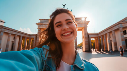 Smiling woman taking a selfie in front of Brandenburg Gate, capturing travel and happiness.