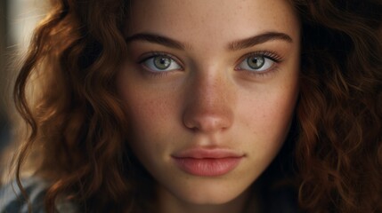 Close-up of a beautiful attractive young woman with natural beauty, freckles, curly hair looking at the camera. Spa, Cosmetics, Care, Youth concepts.