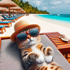 Cat on vacations lying on sunbed on beach. AI generated image.