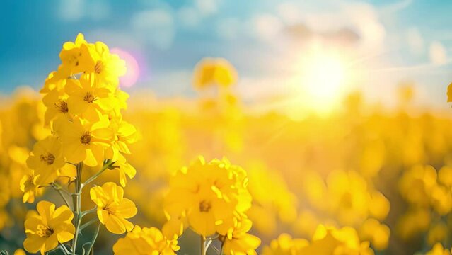 Yellow bright rapeseed field in blue sky. Rapeseed field, Blooming canola flowers close up. Rape on the field in summer. Bright Yellow rapeseed oil. Flowering rapeseed in the spring 4k video beauty