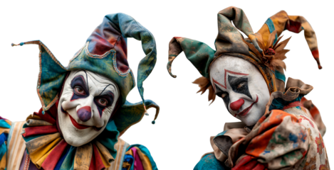 Set of jesters, clowns. The jester smiles and laughs, close-up. Isolated on a transparent background.