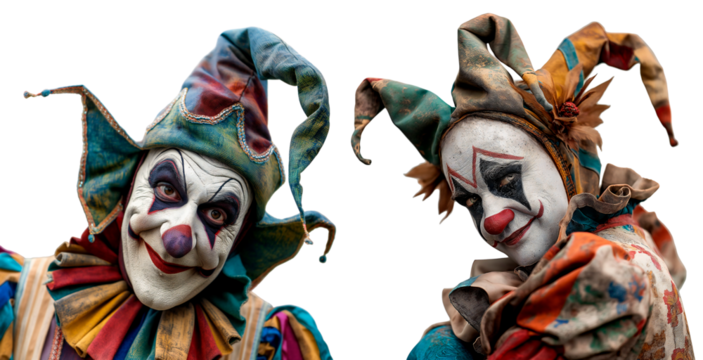 Set of jesters, clowns. The jester smiles and laughs, close-up. Isolated on a transparent background. - Powered by Adobe