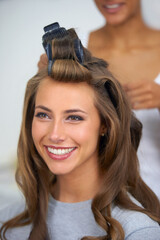 Face, smile and hair curlers with woman in salon for professional shampoo or keratin treatment....