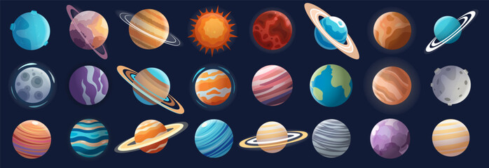 Vector set of cartoon planets. Space background. Fantasy planets.