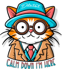 Funyy cat illustration in a hat and glasses with tie.