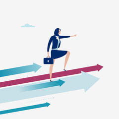 Leader. Female leader stands on arrows and points direction forward. Concept business illustration
