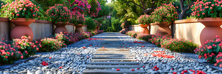 Peaceful garden path in spring, inviting a serene walk among blossoming flowers and lush greenery in a landscaped park