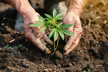 Close up on hands planting cannabis marijuana hemp - Powered by Adobe