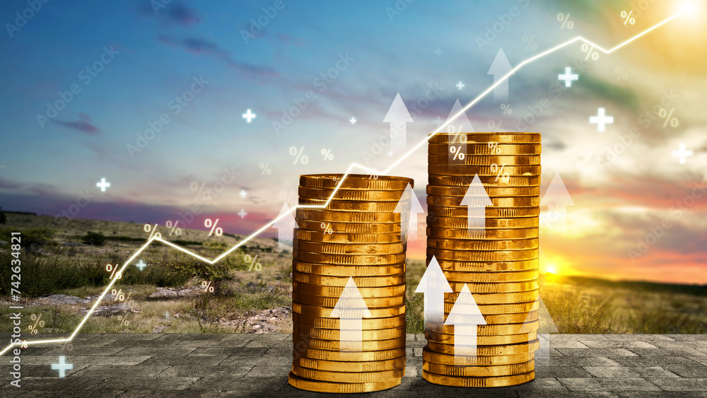 Poster stack of the golden coin with rising inflation graph arrow