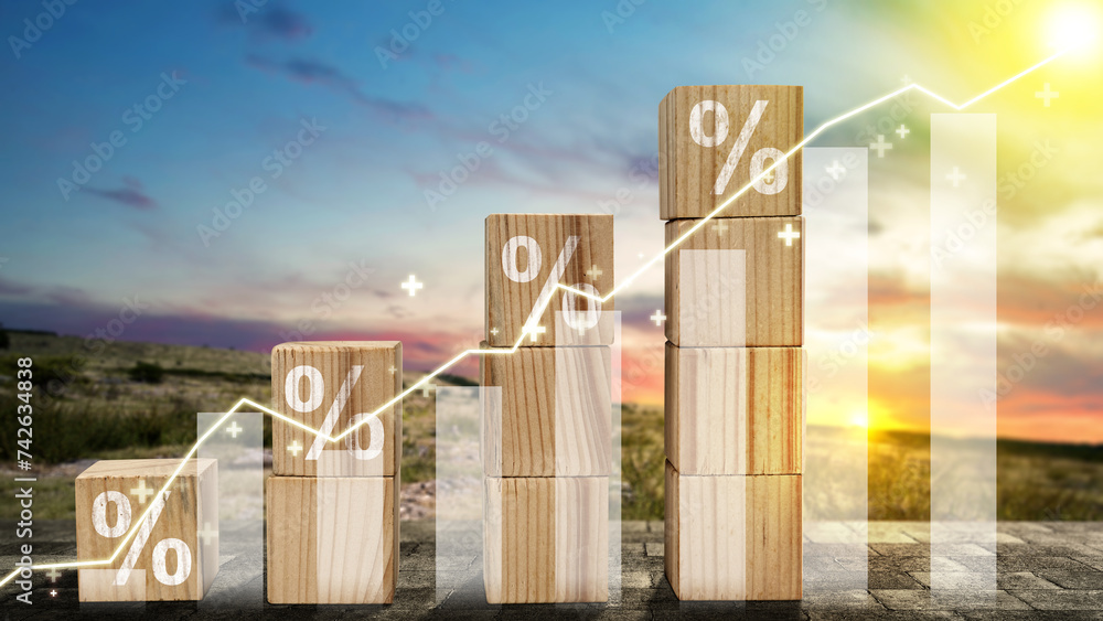 Poster stack of wooden cubes with the symbol of rising inflation rate graph arrow
