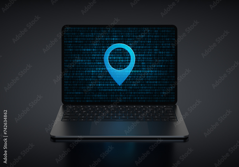 Poster laptop device with location pin icon in screen on a dark background. realistic rendering.