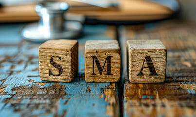 Wooden blocks spelling SMA, short for Spinal Muscular Atrophy, on a doctor's desk with stethoscope and clipboard in the background symbolizing medical diagnosis