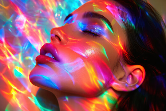 Glowing Neon Beauty: A Colorful Fantasy Portrait of a Young Woman with Bright Makeup under Ultraviolet Lights at a Disco Party