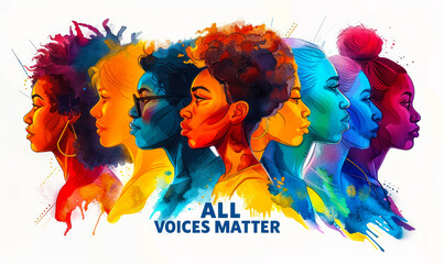 Vibrant artistic illustration featuring diverse profiles of people with ALL VOICES MATTER text, symbolizing inclusivity and the importance of diversity - obrazy, fototapety, plakaty