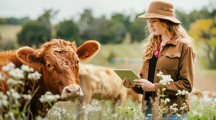 Agriculture and technology concept. Female farmer with tablet standing by cow at cattle farm.