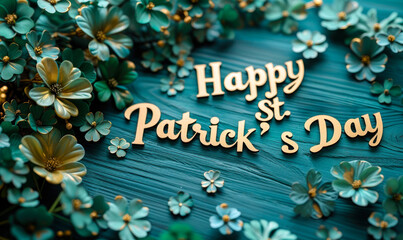 Celebratory Happy St Patrick's Day greeting in elegant script on a textured green wooden background, festooned with shamrocks for the Irish holiday