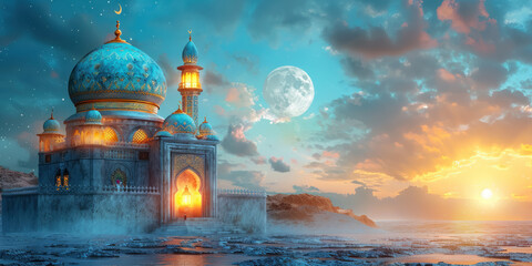 Fototapeta premium A 3D Eid greeting card design showcasing a mosque and crescent in a lanterns glow set against a captivating blue background with space for messages