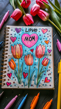 Handwritten I Love MOM message in a notebook surrounded by colorful pens and pink tulips, evoking a heartfelt Mother's Day sentiment and craft