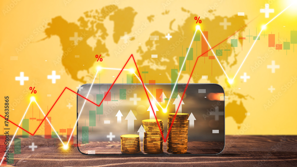 Poster mobile phone screen view of stair stack of the golden coin with symbol of rising inflation graph arr