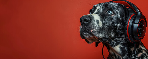 A Dalmatian with headphones streaming a live cooking show for dogs paw on the play button - obrazy, fototapety, plakaty