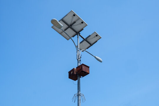 LED street lights that use solar power or solar cells. energy saving concept