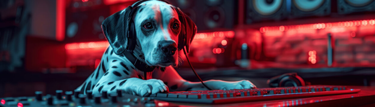 A Dalmatian musician composing music on a computer headphones around its neck tail wagging to the beat