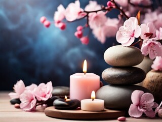 Fototapeta na wymiar three candles and rocks and cherry blossom