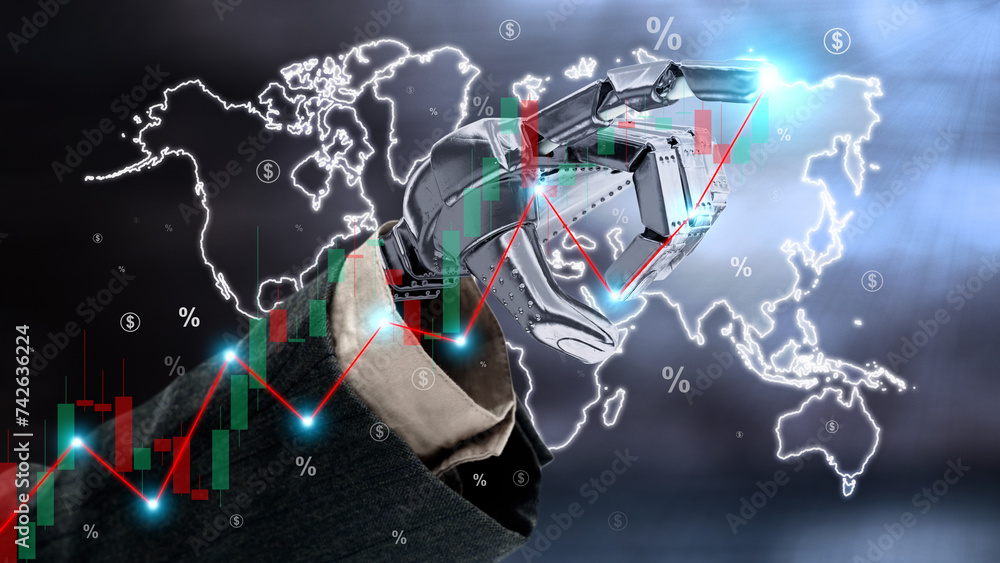 Poster image of robot hand pointing arrow up stock graph and chart background. artificial intelligence anal