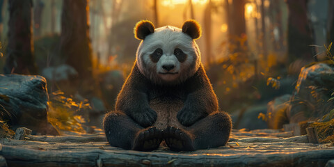 A serene portrait of a panda in meditation with a backdrop of softly undulating hills and a tranquil sunrise - obrazy, fototapety, plakaty