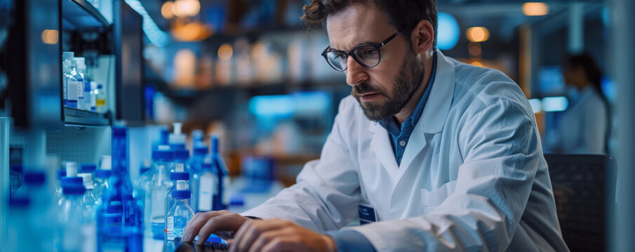 A researcher using software to simulate environmental changes on a website with complex models and predictions displayed across multiple monitors in a high-tech lab - Powered by Adobe