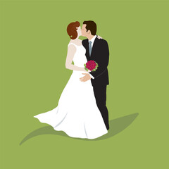 Newly married couple hugging and kissing