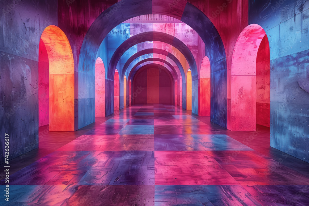 Aufkleber an empty room with walls aglow in neon geometric patterns each shape telling a wordless narrative