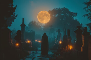 Haunted graveyard with spectral figures emerging under the full moon watch - obrazy, fototapety, plakaty