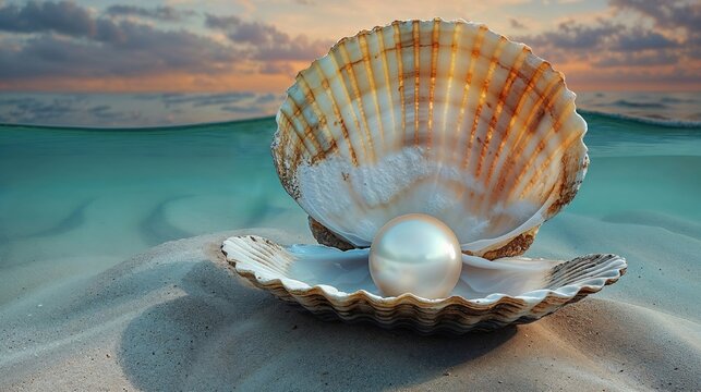 Pearl in an open shell , underwater, closeup view