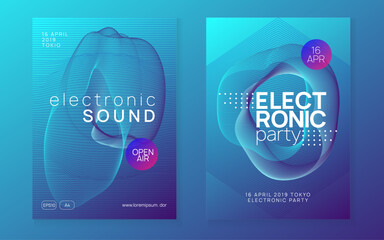 Electronic event. Futuristic discotheque magazine set. Dynamic gradient shape and line. Neon electronic event. Electro dance dj. Trance sound. Club fest poster. Techno music party flyer.