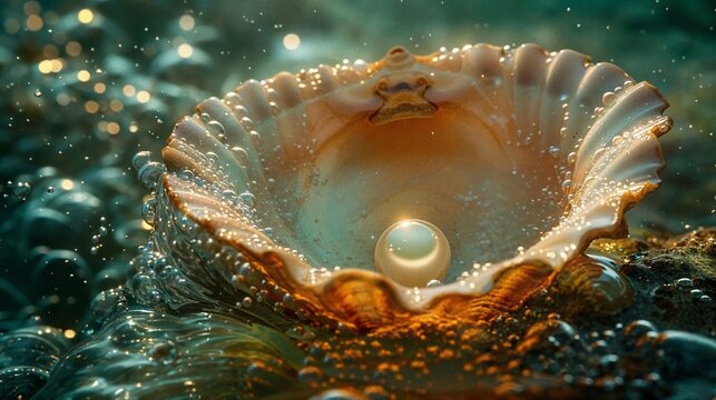Pearl in an open shell , underwater, closeup view