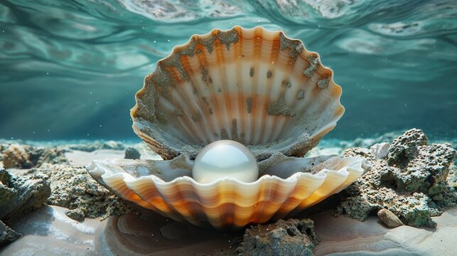 Pearl in an open shell , underwater, closeup view