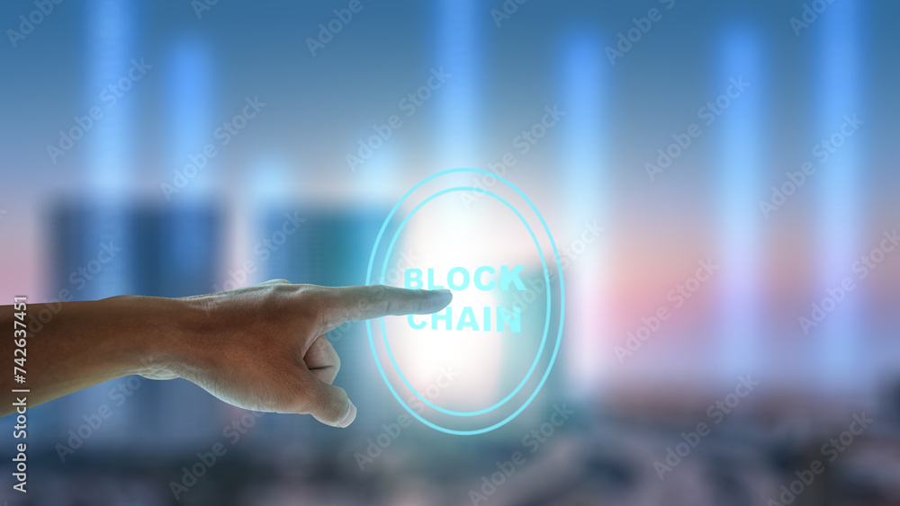 Poster human hands touch a virtual blockchain button