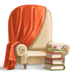 Armchair with book and read isolated on a white background. Image produced without the use of any form of AI software at any stage