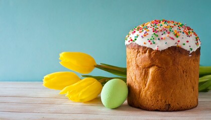 Easter egg panettone bread cake background Happy easter spring holiday tulip