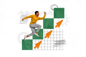 Creative abstract template graphics collage image of purposeful guy running up achieving success isolated white color background