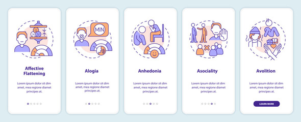 Schizophrenia negative symptoms onboarding mobile app screen. Walkthrough 5 steps editable graphic instructions with linear concepts. UI, UX, GUI template. Myriad Pro-Bold, Regular fonts used