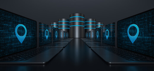 Two rows of laptop devices with a Location pin icon on their screens forming a pathway leading to data servers on a dark background. Realistic rendering.