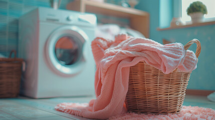 Fototapeta na wymiar Pink Soft Towels in Basket Placed in Blue Bathroom or Laundry Room with Washing Machine and Dryer in the Background.