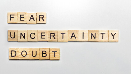 The row of wooden cubes with 'Fear Uncertainty Doubt' text