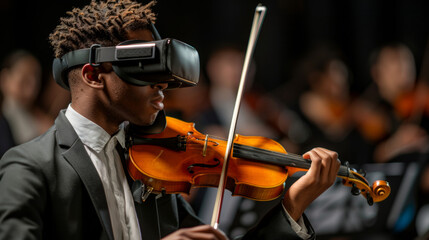 Musician performs with passion, captivating audiences with talent and artistry with virtual reality sunglass