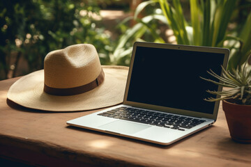 Modern technology in agriculture. laptop and farmer hat in organic greenhouse gardening setting.