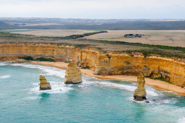 Aerial view of the Australian coastline at the Twelve Apostles in the Port Campbell National Park -...