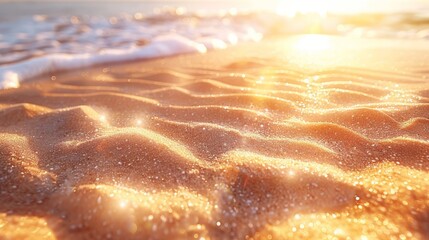 Summer beach sparkling with sunlight There is a soft sand beach. sparkling water and the clear blue sky It is evocative of vitality and promises to create unforgettable memories under natural light.